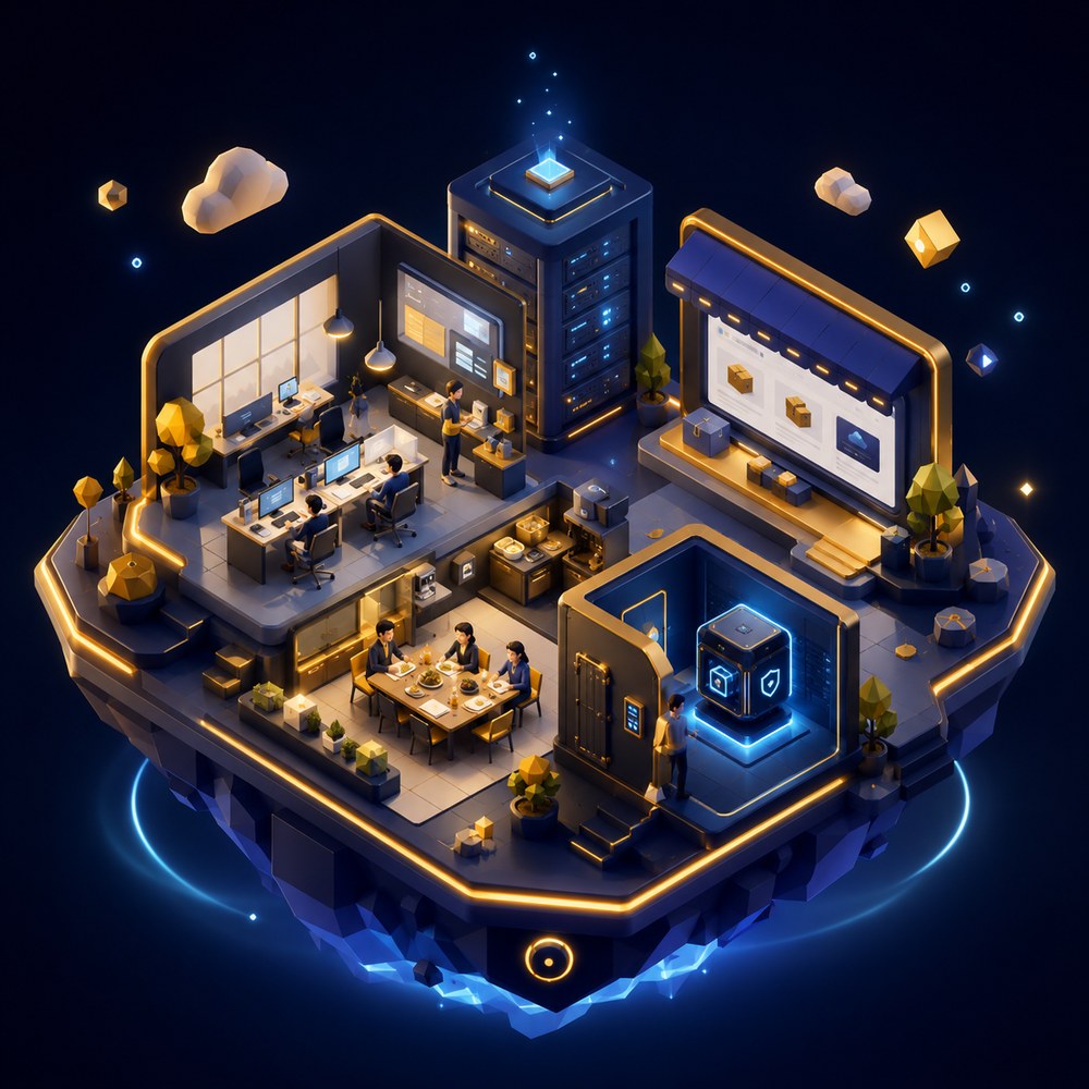 miBOXX – isometrische Leistungswelt: Büro, Server, Webshop, Lunch und die Trust-Box